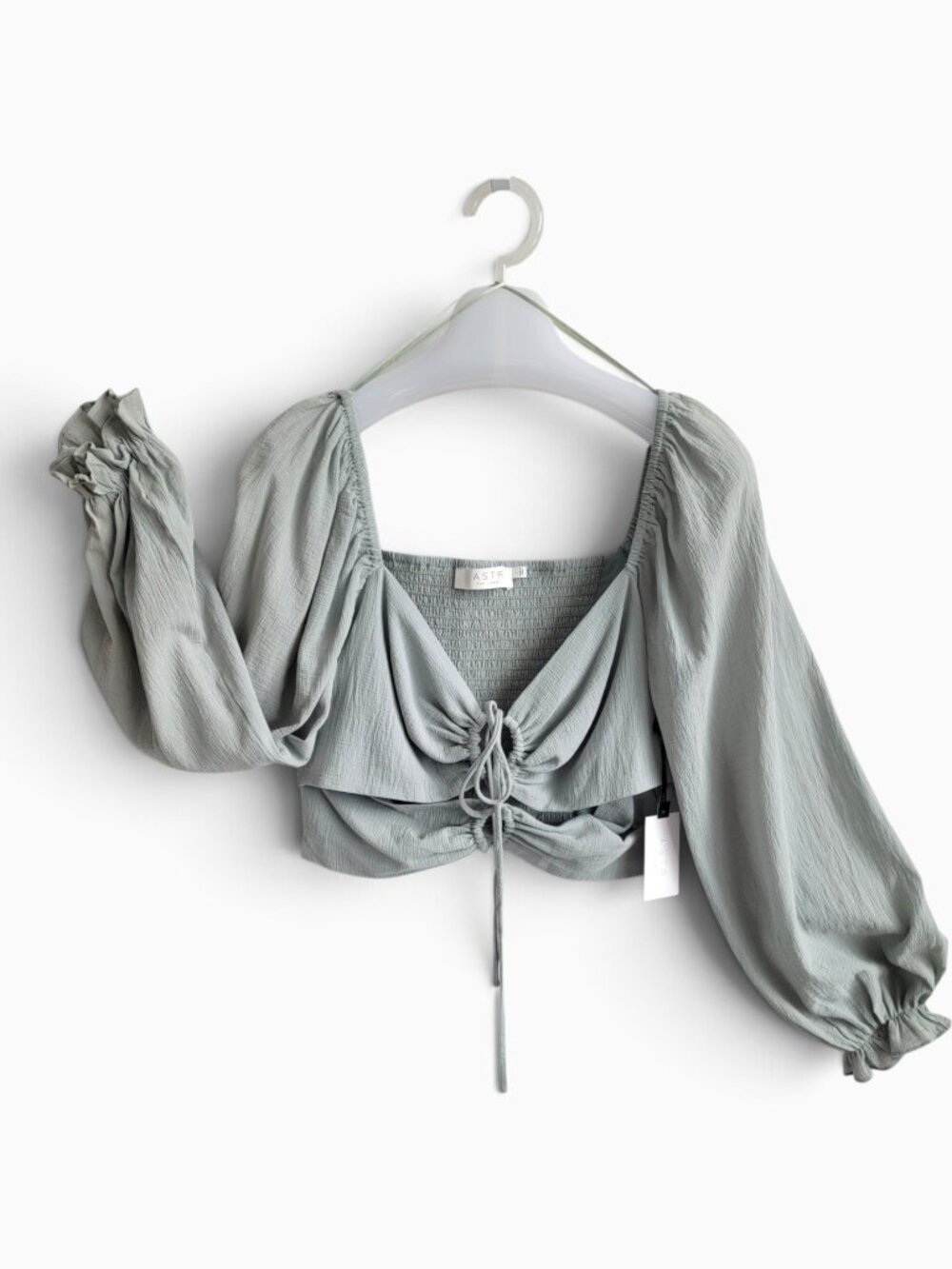 NWT ASTR The Label Sage Green Ruched Cutout Crop Top L Puff Sleeve Cottagecore